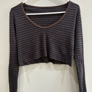 Brandy Melville Brown and Navy Blue Striped Crop Top